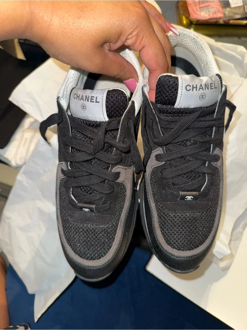 CHANEL Black and White Logo Low-Top Sneakers AUTHENTIC
